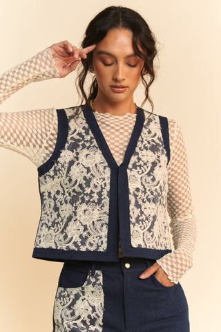 Davi & Dani Lace Patch Open Front Denim Vest - 1985 the VAULT Boutique