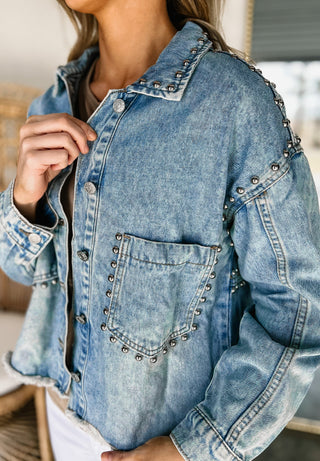 Studded Acid Wash Long Sleeve Denim Jacket - 1985 the VAULT Boutique