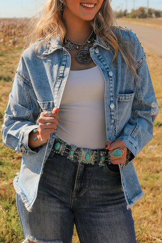 Studded Acid Wash Long Sleeve Denim Jacket - 1985 the VAULT Boutique