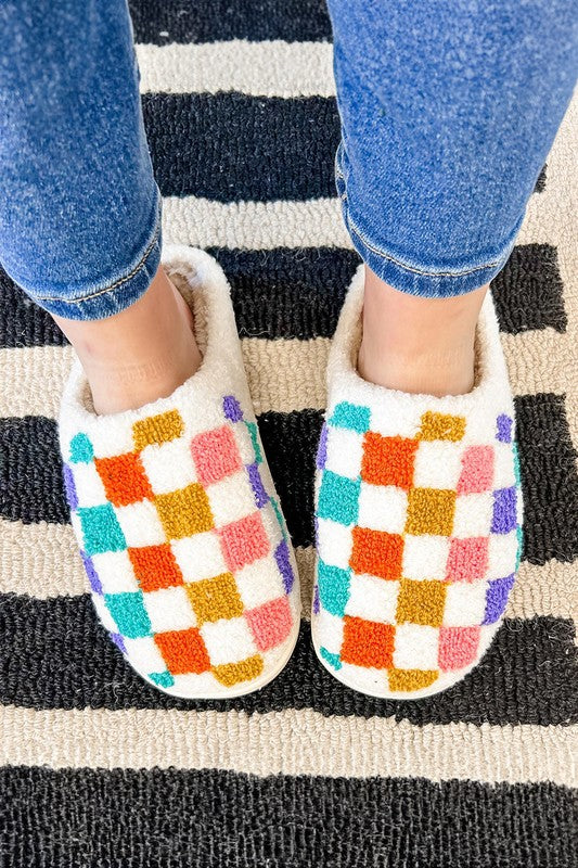 White Vibrant Checkered Plush Thermal Slippers - 1985 the VAULT Boutique