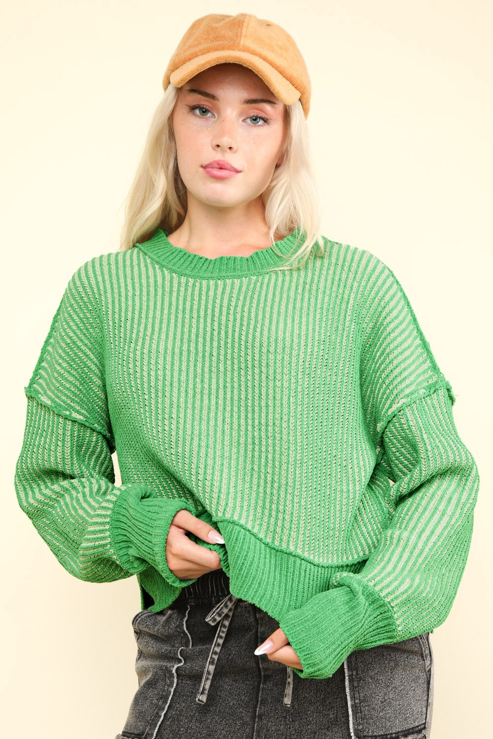 VERY J Exposed Seam Cropped Striped Slit Sweater - 1985 the VAULT Boutique