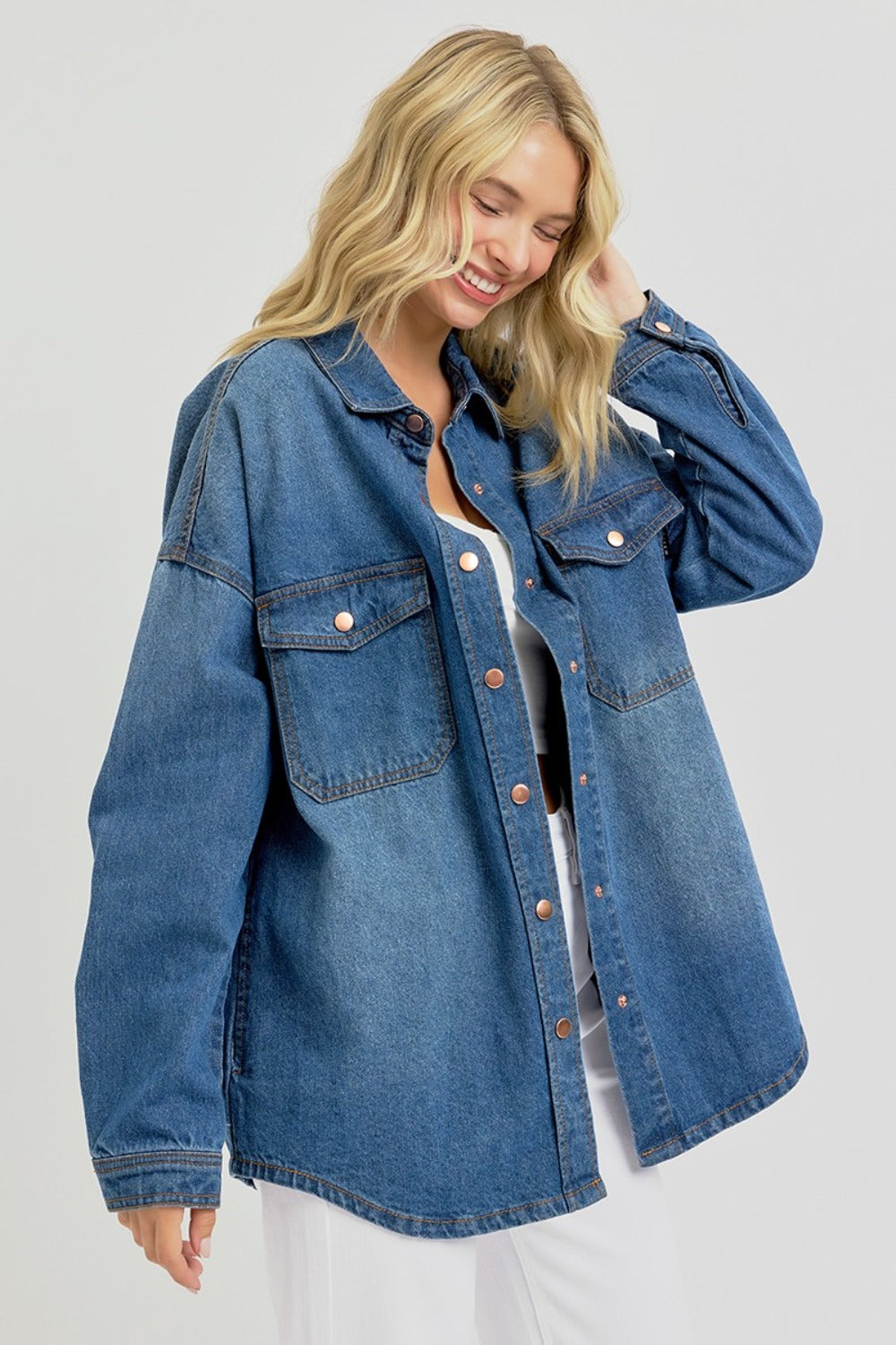 RISEN Full Size Snap Down Long Sleeve Denim Shacket - 1985 the VAULT Boutique