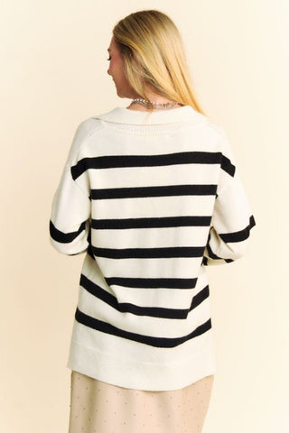 Davi & Dani High-Low Side Slit Striped Johnny Collar Sweater - 1985 the VAULT Boutique