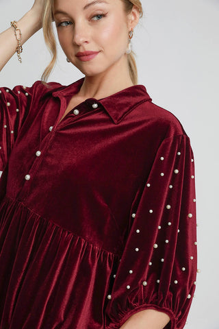 Umgee Pearl Detail Collared Neck Velvet Babydoll Blouse - 1985 the VAULT Boutique