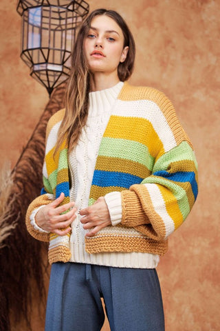 Davi & Dani Contrast Striped Open Front Lantern Sleeve Cardigan - 1985 the VAULT Boutique