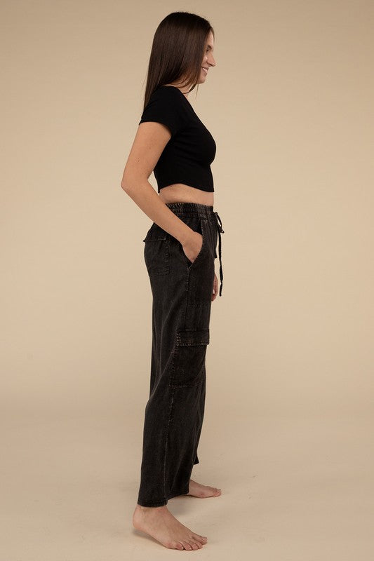 Washed Linen Elastic Band Waist Cargo Pants - 1985 the VAULT Boutique