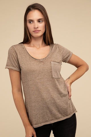 Basic Washed Melange Burnout Scoop V-Neck Top - 1985 the VAULT Boutique