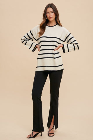 Annie Wear Side Slit Striped Round Neck Sweater - 1985 the VAULT Boutique