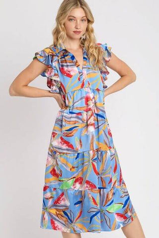 Umgee Full Size Leaf Print Double Layered Ruffle Sleeve Tiered Midi Dress Plus Size - 1985 the VAULT Boutique