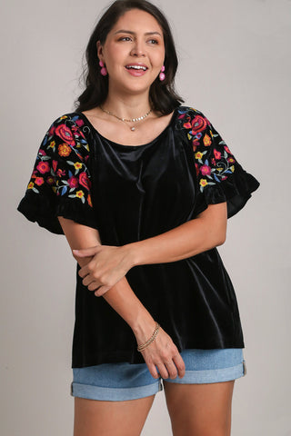 Umgee Full Size Velvet Embroidery Short Sleeve Blouse - 1985 the VAULT Boutique