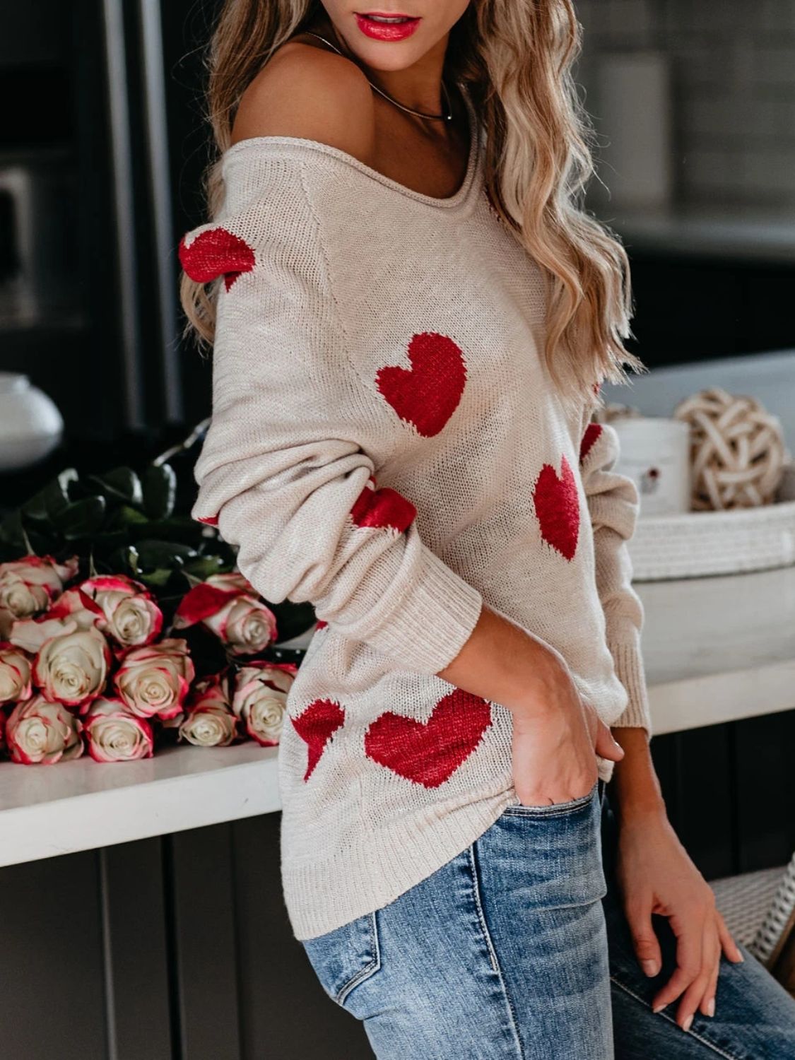 Heart Scoop Neck Long Sleeve Sweater - 1985 the VAULT Boutique