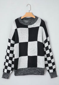 Checkered Round Neck Drop Shoulder Sweater