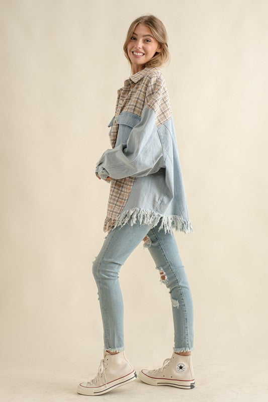 TWEED MIXED DENIM JACKET SHACKET WITH FRINGED HEM - 1985 the VAULT Boutique