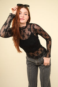 VERY J Mock Neck Fitted Sheer Mesh Lace Blouse - 1985 the VAULT Boutique