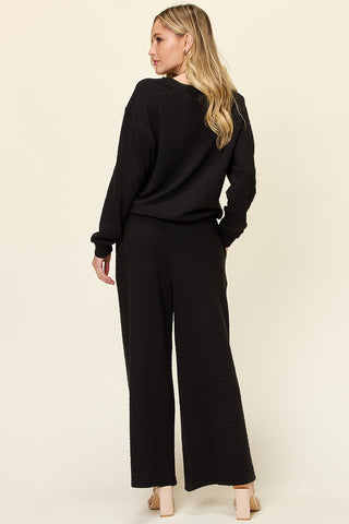 Double Take Full Size Texture Long Sleeve Top and Pants Set - 1985 the VAULT Boutique