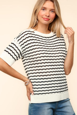 Haptics Openwork Striped Round Neck Half Sleeve Knit Top - 1985 the VAULT Boutique