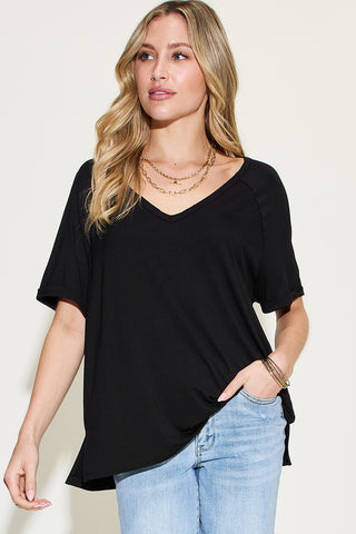 Basic Bae Full Size Bamboo Slit V-Neck Short Sleeve T-Shirt - 1985 the VAULT Boutique