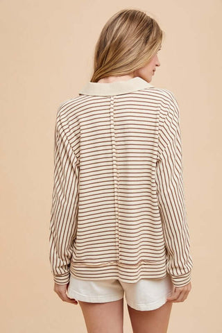 Annie Wear Striped Button Detail Long Sleeve Polo Top - 1985 the VAULT Boutique