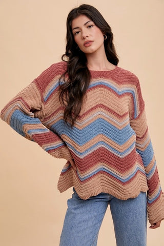 Annie Wear Multi Color Zig-Zag Round Neck Sweater - 1985 the VAULT Boutique