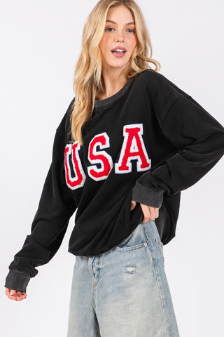 Sage + Fig USA Letter Patch Round Neck Sweatshirt - 1985 the VAULT Boutique