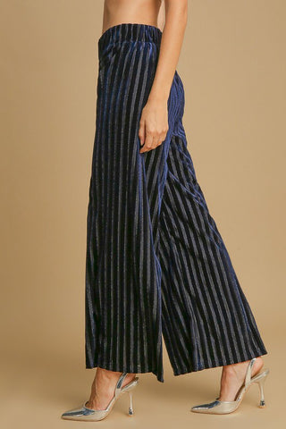 Umgee Full Size Elastic Waist Striped Wide Leg Velvet Pants - 1985 the VAULT Boutique