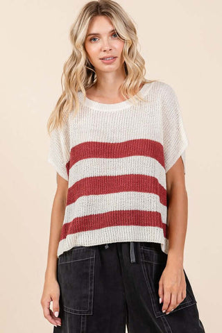 Mittoshop Contrast Striped Round Neck Short Sleeve Sweater - 1985 the VAULT Boutique