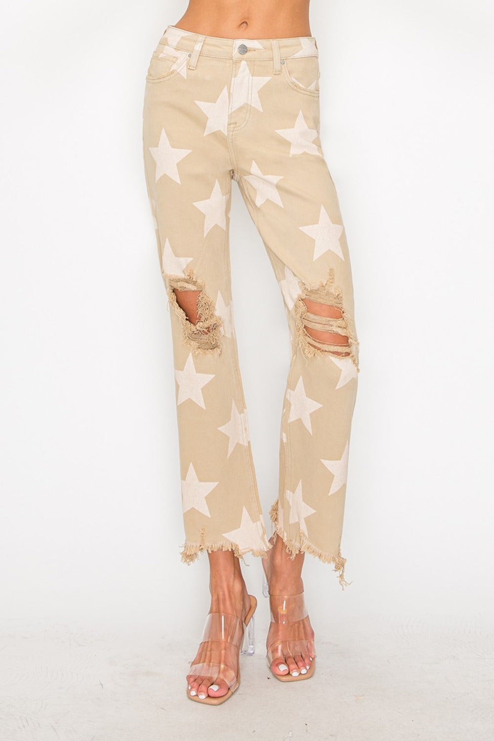 RISEN Full Size High Rise Star Printed Frayed Hem Jeans - 1985 the VAULT Boutique