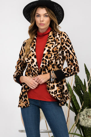 Celeste Full Size Leopard Open Front Long Sleeve Blazer - 1985 the VAULT Boutique