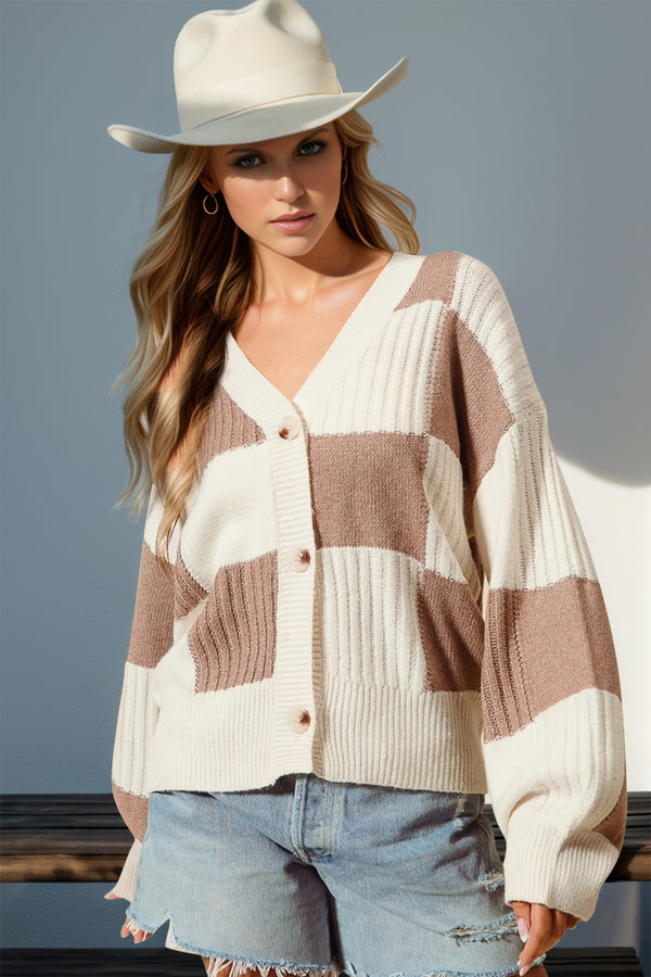 Double Take Full Size Checkered Dropped Shoulder Cardigan - 1985 the VAULT Boutique