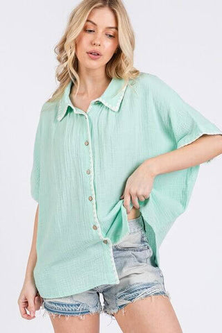 SAGE+FIG Boho Contrast Zigzag Trim Gauze Button-Up Shirt - 1985 the VAULT Boutique