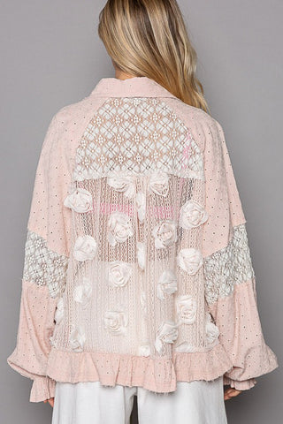 POL Eyelet Flower Pearl Detail Lace Patchwork Shirt - 1985 the VAULT Boutique