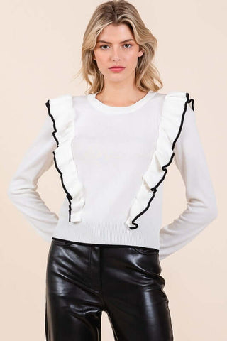 Mittoshop Contrast Trim Ruffled Round Neck Knit Top - 1985 the VAULT Boutique