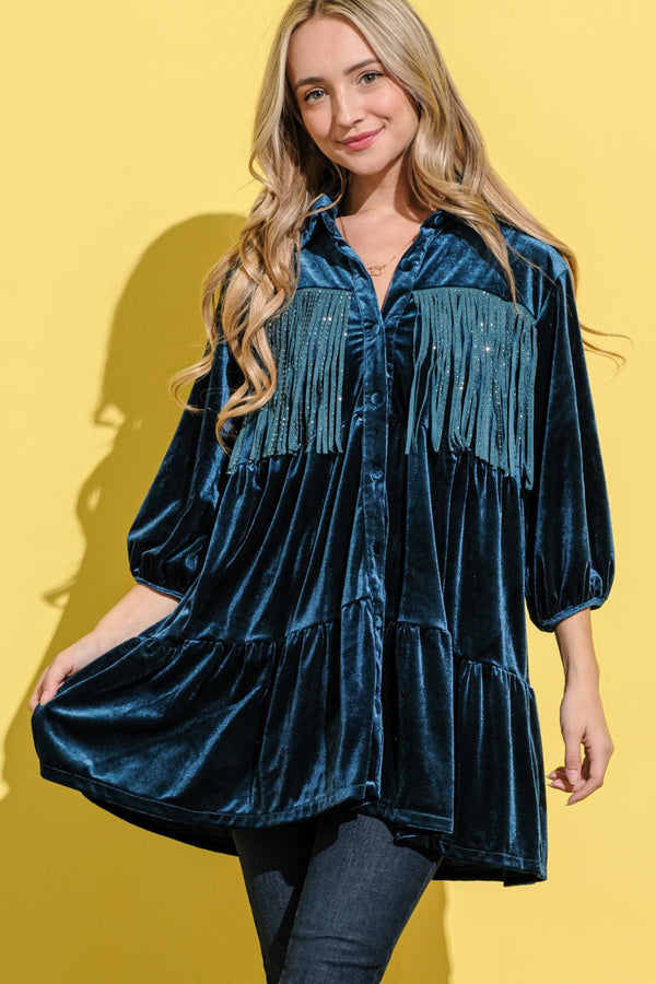 And The Why Fringe Detailed Velvet Shirt Dress - 1985 THE VAULT