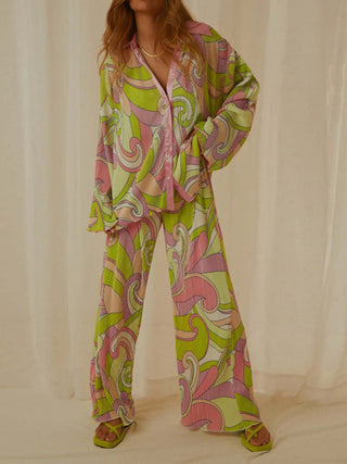 Printed Collared Neck Long Sleeve Top and Pants Lounge Set - 1985 the VAULT Boutique