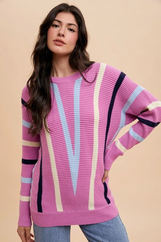 Annie Wear Chevron Stripe Round Neck Ribbed Sweater - 1985 the VAULT Boutique