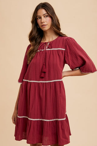 Annie Wear Tassel Contrast Trim Tie Neck Half Sleeve Tiered Dress - 1985 the VAULT Boutique