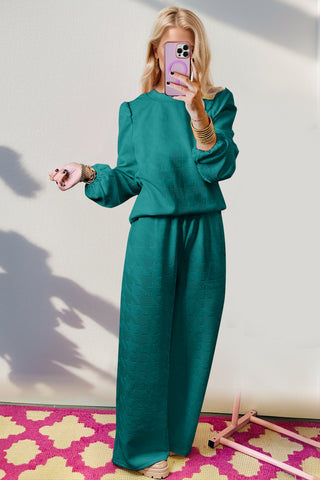 Double Take Texture Long Sleeve Top and Wide Leg Pants Set - 1985 the VAULT Boutique