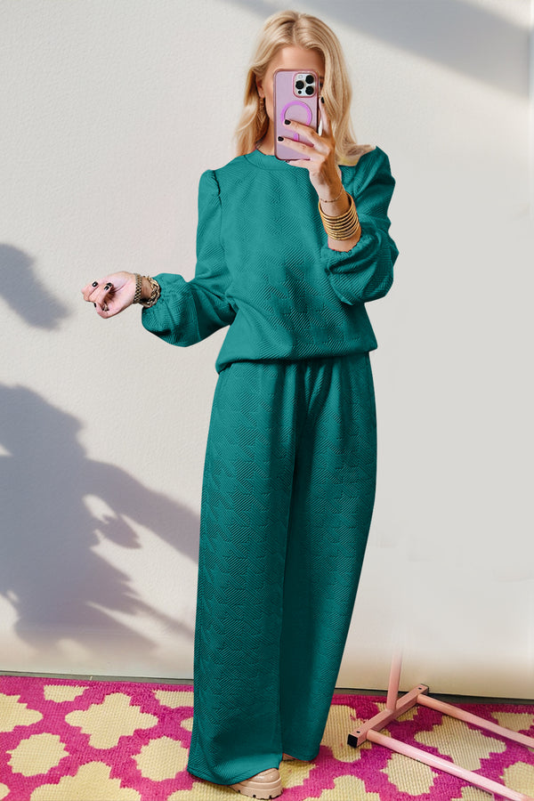 Double Take Texture Long Sleeve Top and Wide Leg Pants Set - 1985 the VAULT Boutique