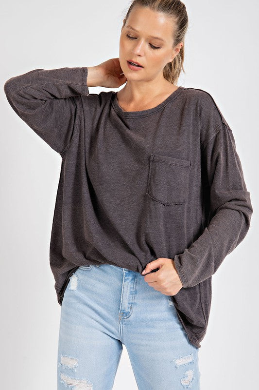 Mineral Washed Round Neckline Long Sleeves Top - 1985 the VAULT Boutique