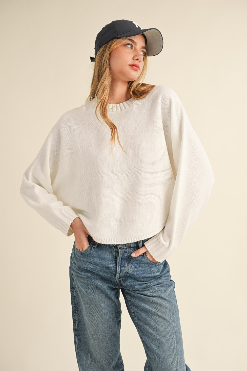 Mable Round Neck Dolman Sleeve Cropped Sweater - 1985 THE VAULT