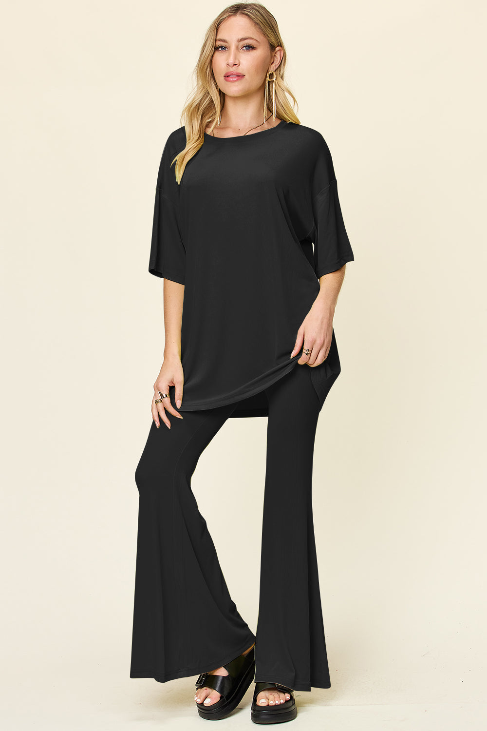 Double Take Full Size Round Neck Drop Shoulder T-Shirt and Flare Pants Set - 1985 the VAULT Boutique