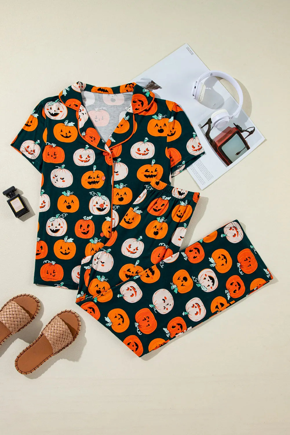 Pumpkin Printed Short Sleeve Top and Pants Lounge Set - 1985 the VAULT Boutique