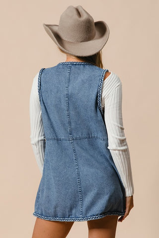 BiBi Braided Trim Open Front Denim Vest with Pockets - 1985 the VAULT Boutique