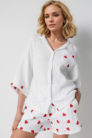 Basic Bae Heart Collared Neck Button Down Top and Shorts Set - 1985 the VAULT Boutique