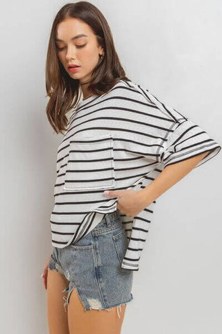 Ces Femme Side Slit Striped Round Neck Half Sleeve T-Shirt - 1985 the VAULT Boutique