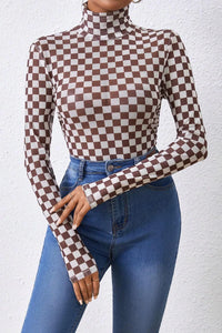 Checkered Turtleneck Long Sleeve Bodysuit - 1985 the VAULT Boutique