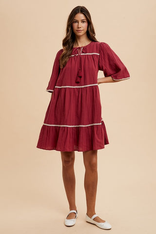 Annie Wear Tassel Contrast Trim Tie Neck Half Sleeve Tiered Dress - 1985 the VAULT Boutique