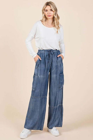 Mittoshop Washed Elastic Waist Cargo Wide Leg Pants - 1985 the VAULT Boutique