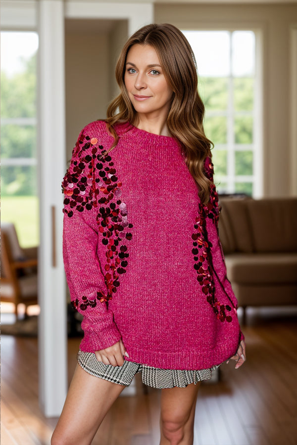 Sequin Round Neck Long Sleeve Sweater - 1985 the VAULT Boutique