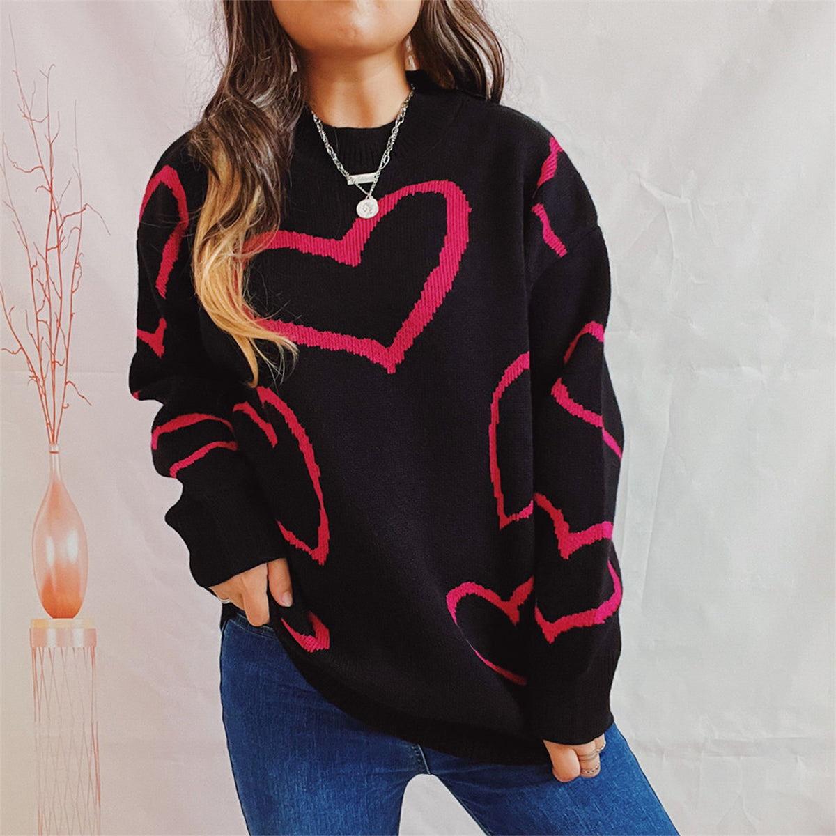 Heart Pattern Long Sleeve Sweater - 1985 the VAULT Boutique